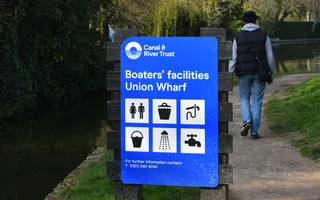A blue sign says 'Boaters' facilities, Union Wharf', with icons to represent the different facilities, like toilets, waste, water and showers.