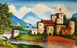 A painting of a cream-coloured castle with many turrets against the background of blue mountains and water.