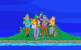 Cartoon images of human bodies with a pike head, duck head, kingfisher head and otter head all in different poses.