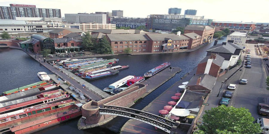 Aerial view of moorings on Birmingham Canal Main Line in Birmingham City Centre
