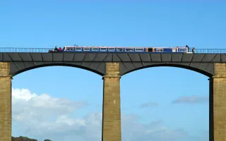 Narrowboat crosses the Pontcysyllte Aqueduct on the Llangollen Canal
