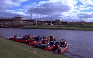 Kayaks on River Tees with Tees Barrage in background