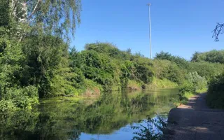 Green trees and blue sky reflect on the Grand Union Canal