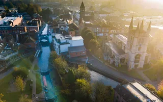 Aerial shot, sunny day looking over the town of Newbury